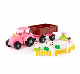 Трактор Мастер (розовый) с прицепом №1 + конструктор Макси 