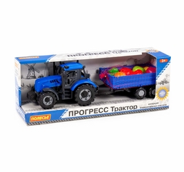 Трактор Прогресс с бортовым прицепом инерционный (синий) + набор продуктов